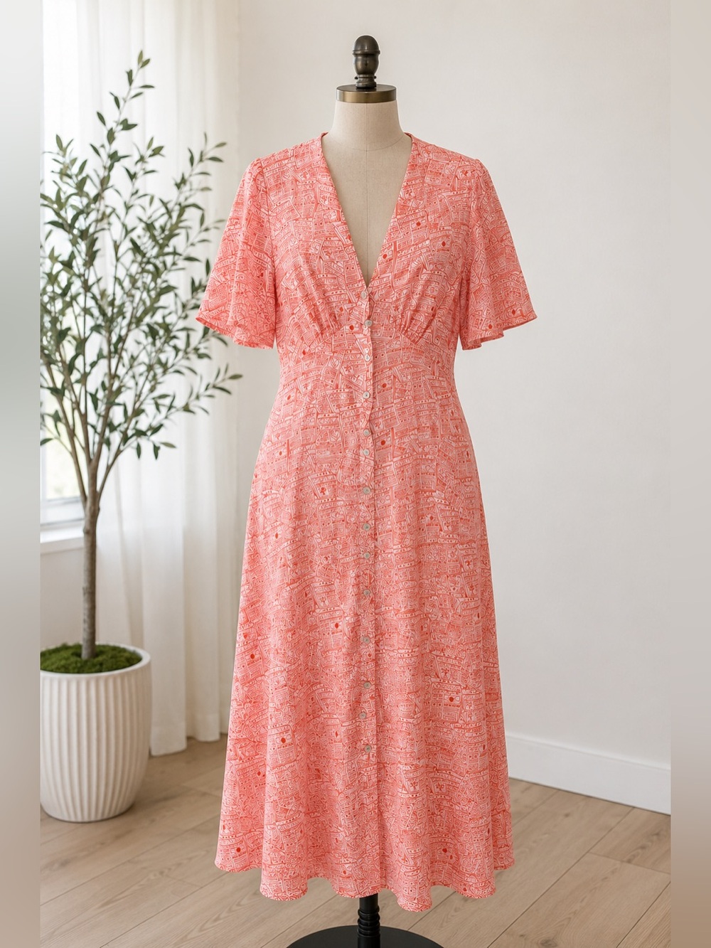 $158 Never Fully Dressed Good News Lindos Satin Button Front Midi Dress Pink 6 - Picture 2 of 7
